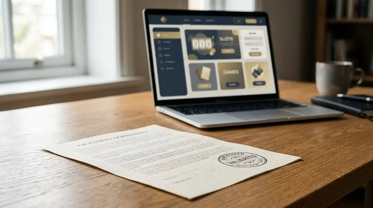 Casino zonder licentie 2026 — licentiedocument en laptop met casinolobby