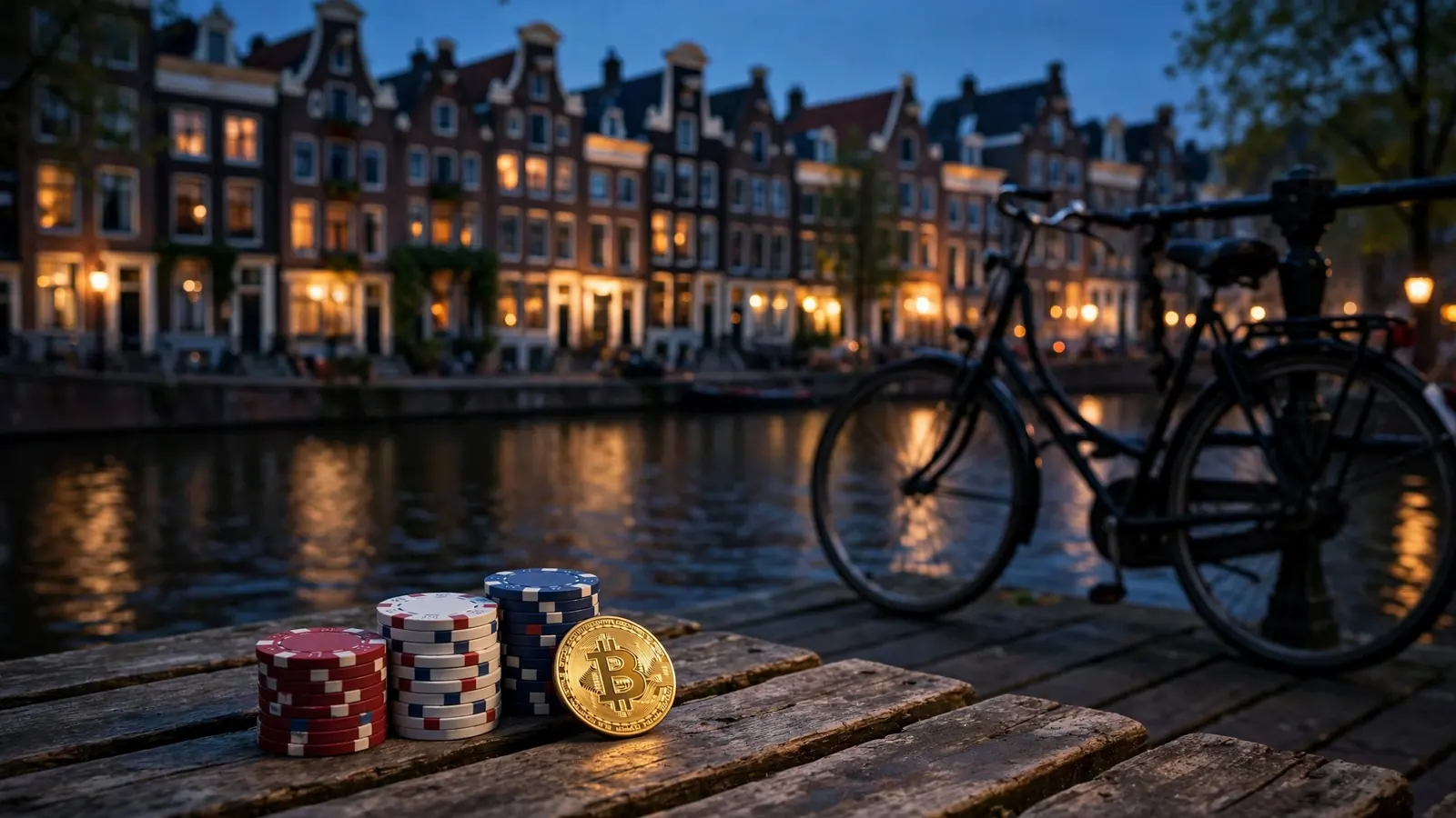 Amsterdam gracht bij schemering met casino fiches en Bitcoin munt op houten tafel