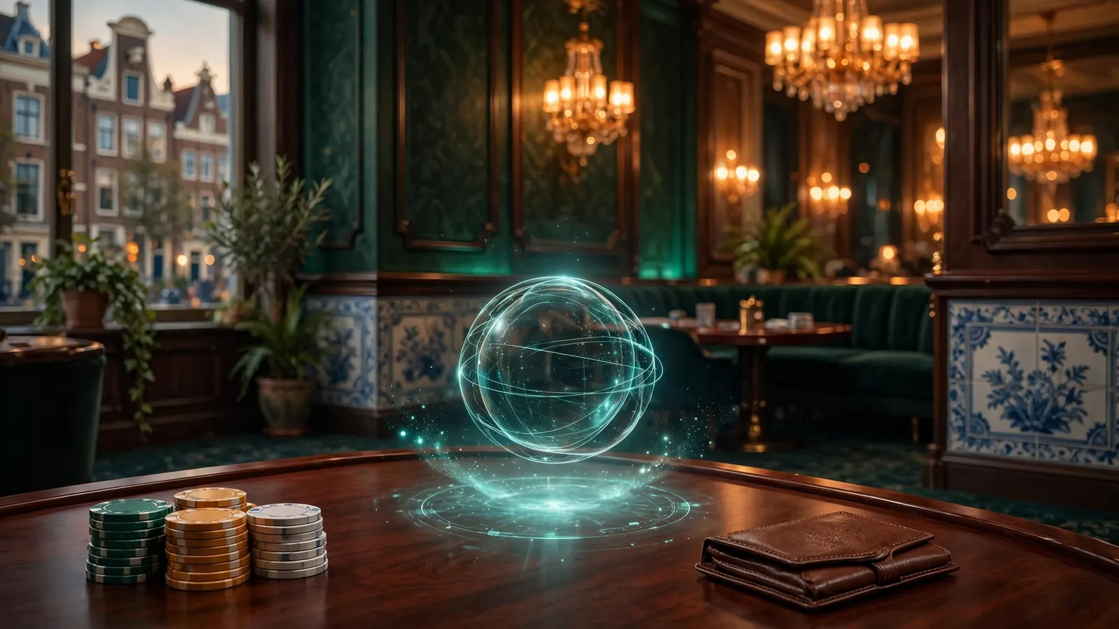 Elegante casinozaal met pokertafel, chips en sfeervolle verlichting