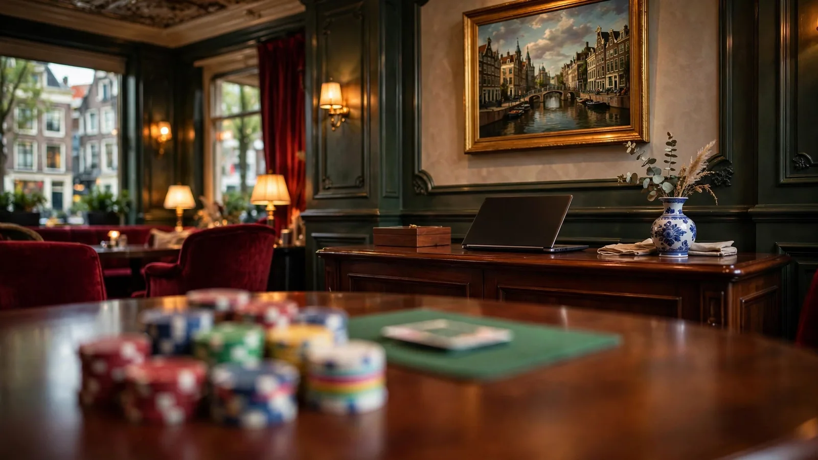 Elegant Nederlands casino lounge met chips en kaart op tafel