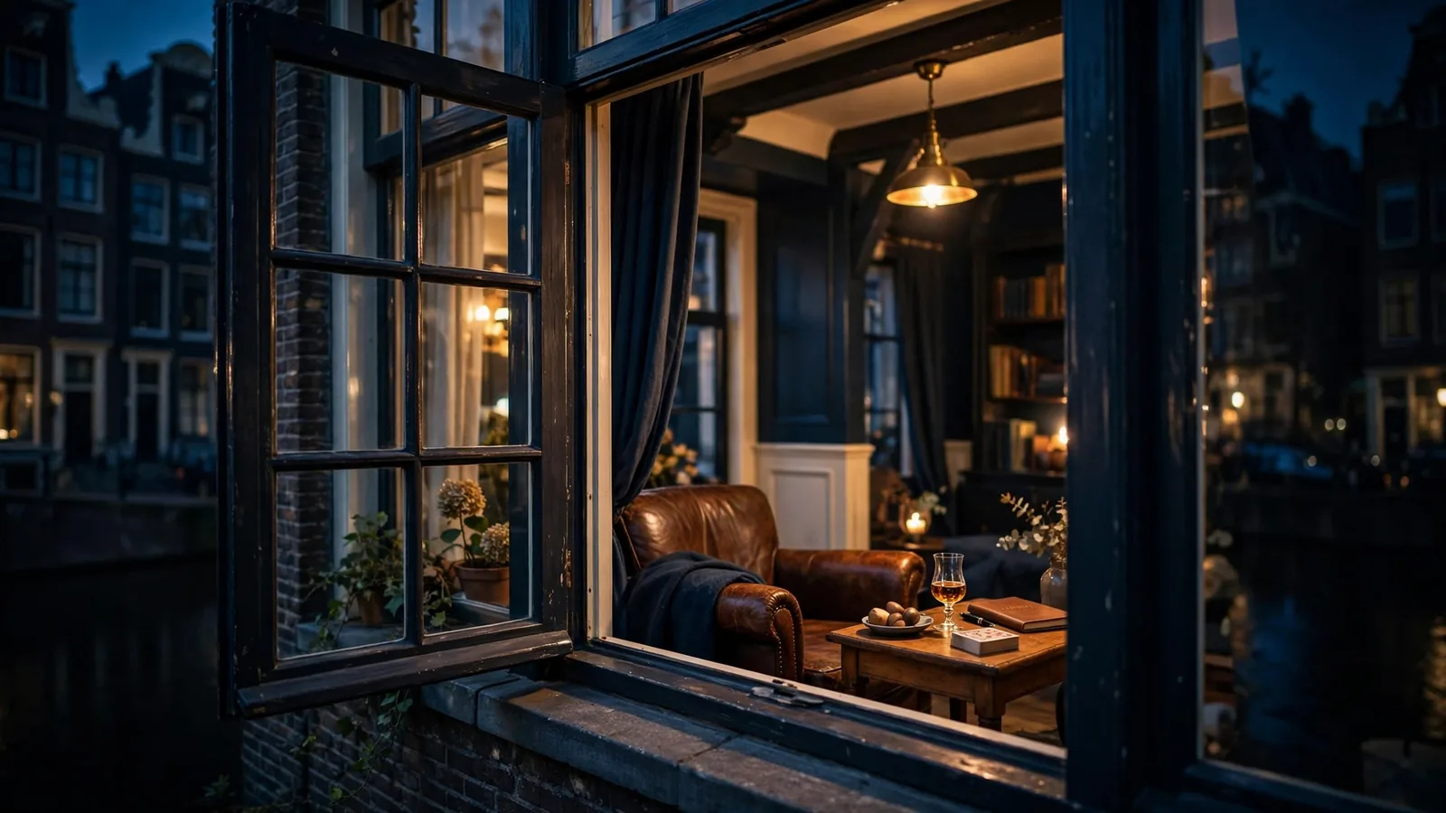 Sfeervol Amsterdam grachtenpand interieur met warm licht en jenever