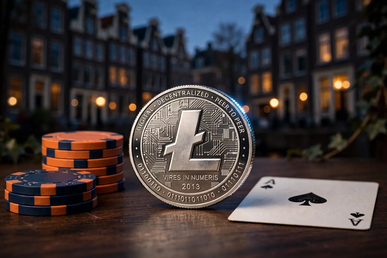 Litecoin-munt met pokerfiches en Amsterdamse grachtenpand op de achtergrond