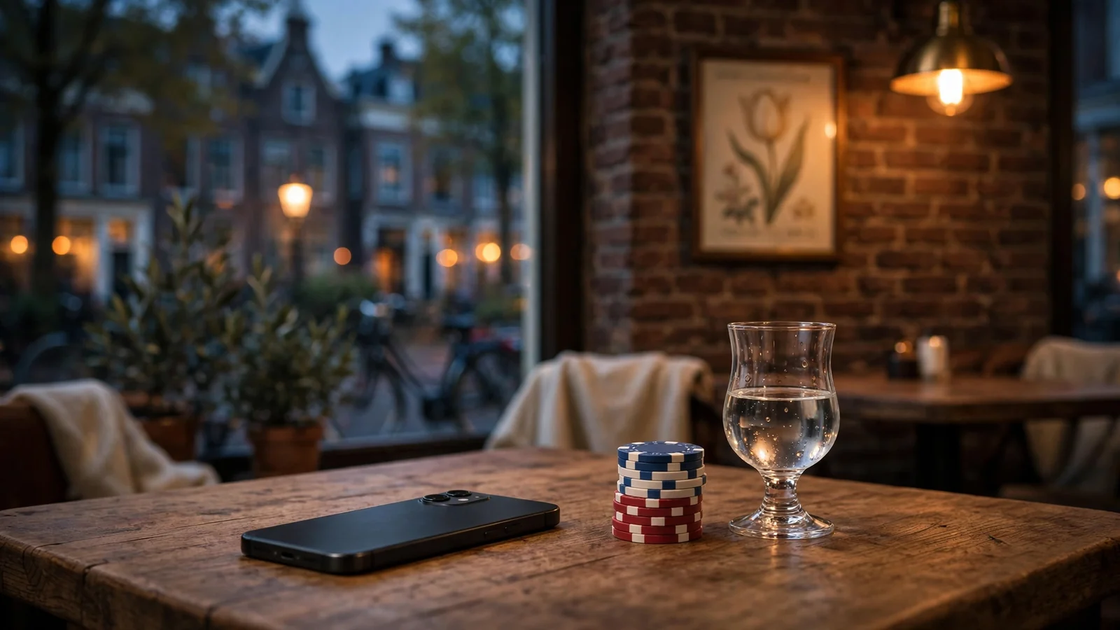 Nederlands café-interieur met pokerfiches, jenever en een smartphone met het scherm naar beneden