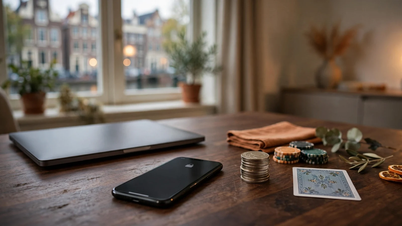 USDC-munten naast casinofiches en een gesloten laptop op een tafel