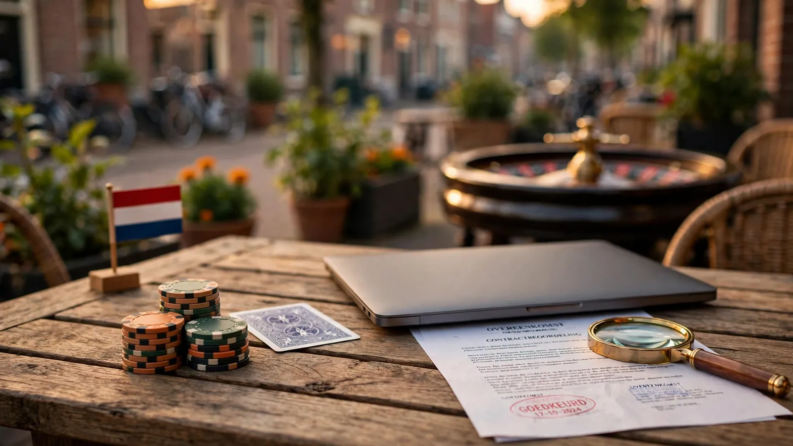 Nederlandse casinospelchips, roulettewiel en gesloten laptop met documenten