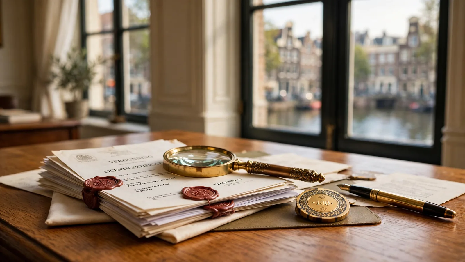 Stijlvolle Nederlandse werkkamer met vergunningsdocumenten en vergrootglas op een eiken bureau